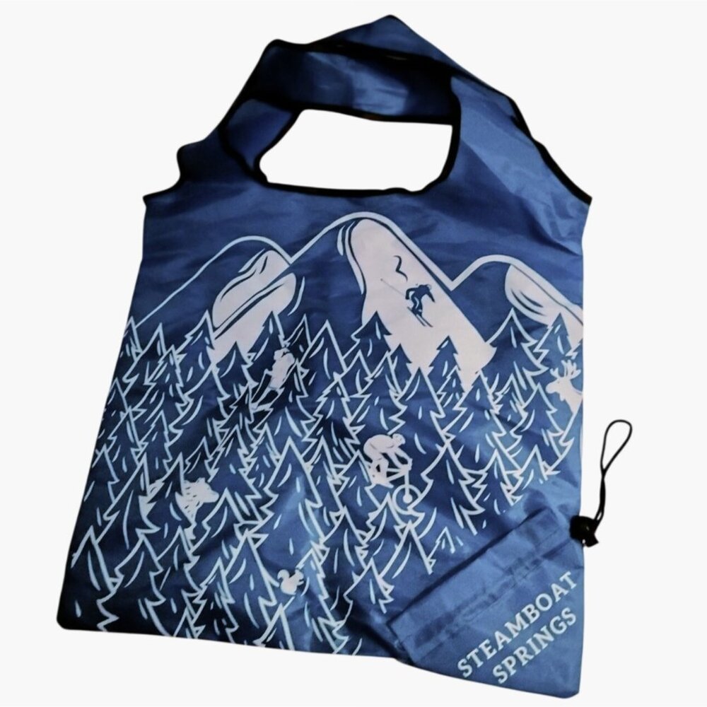 Steamboat Springs Reusable Shopping Bag Blue Spur Change Corner Drawstring